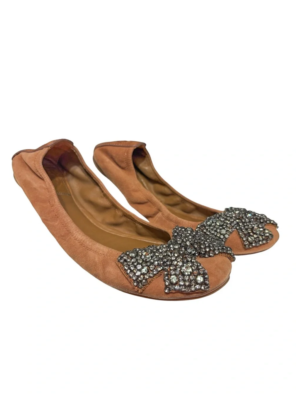 Tory Burch Eddie Leather Rhinestone Bow Ballerina Flats